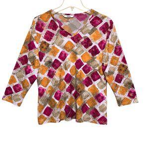 ALIA Blouse Top Womens Size Medium Multicolored Geometric 3/4 Sleeve Stretchy